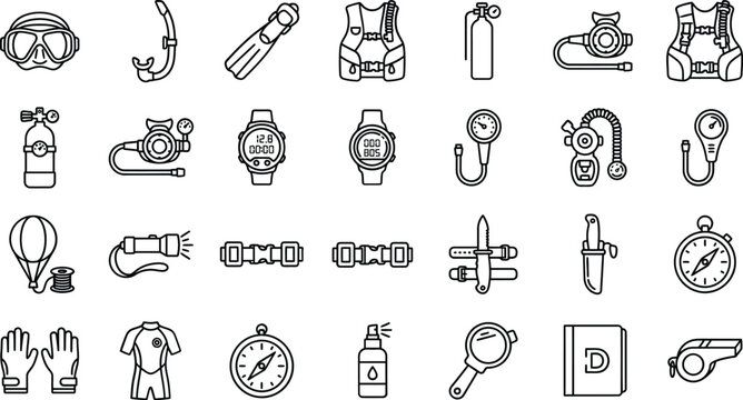 Set of scuba diving equipment and accessories for underwater exploration and adventure