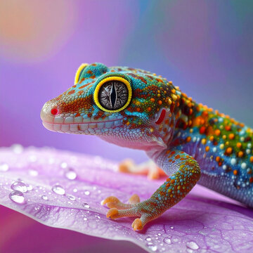 Colorful Gecko on a Purple Petal with Water Droplets