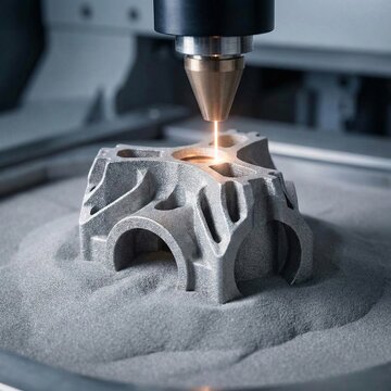 High tech industrial 3D printing machine using selective laser melting to fabricate a complex metal part representing advanced engineering fabrication