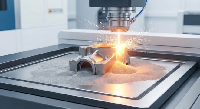Industrial CNC machine utilizing selective laser melting to create a high precision metal engine part representing advanced manufacturing innovation