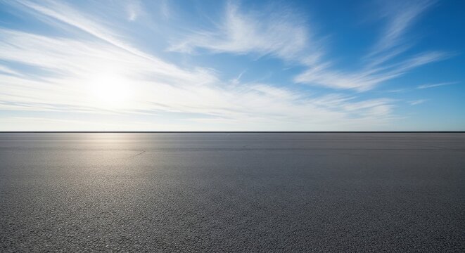 Wide open asphalt parking lot floor under a bright sunny sky with wispy clouds Wallpaper Background image