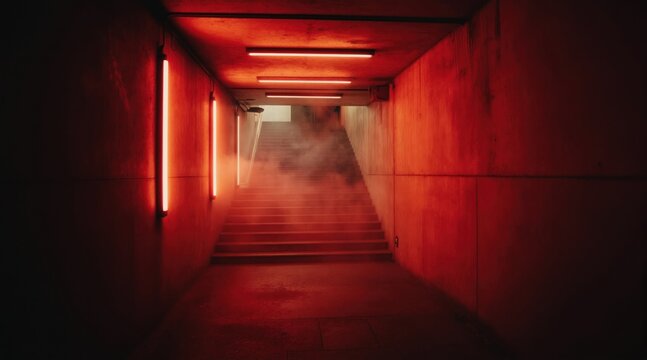 Red neon lights glow in underground concrete hallway with stairs. Smoke drifts up the stpic creating a moody, mysterious, and futuristic atmosphere. Empty space evokes feelings of unease and intrigue.