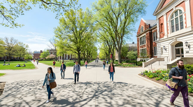 Diverse college students walking across a sunny university campus quad in spring