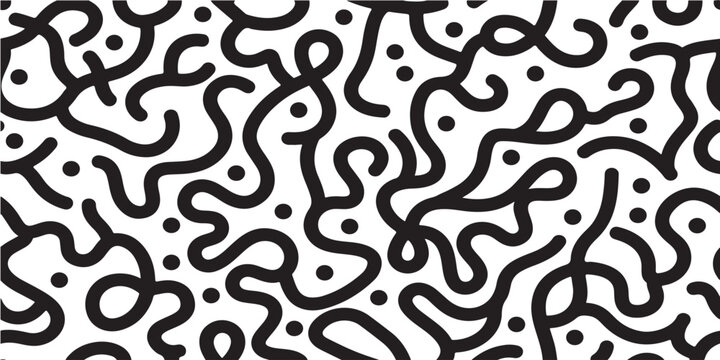 Abstract seamless pattern with black hand drawn wavy lines and dots