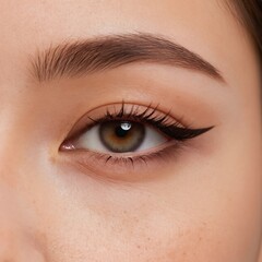 Obraz premium Close-up of a woman eye with perfect winged eyeliner and full lashes. Her brow is shaped neatly, and her skin appears clear and smooth. Detailed facial feature.