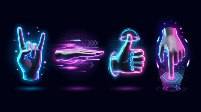 Neon hand signs and symbols.