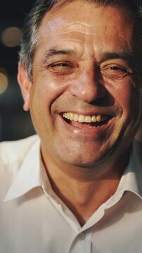 Vertical video: Laughing man reacting to offframe cue tilting in restaurant in white collared shirt