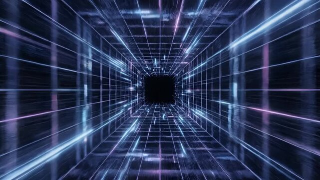 Abstract Neon Grid Tunnel Futuristic Digital Space Warp.