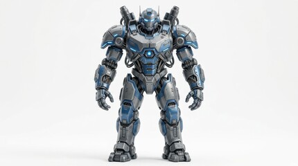 Fototapeta premium Vibrant portrait capturing a detailed armored robot character in full focus against a clean white background with high contrast