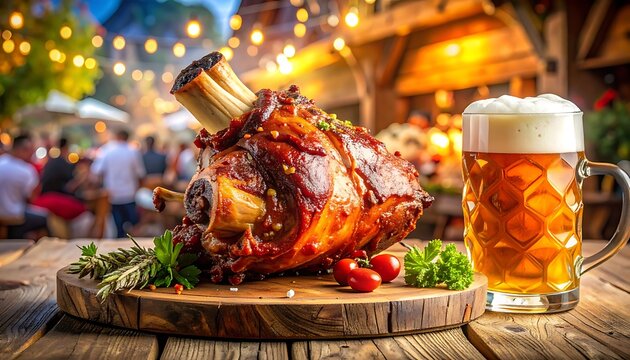 Roasted pork knuckle with beer outdoors.