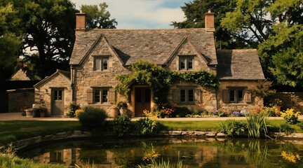 Fototapeta premium Stone cottage with pond and plants sits by calm water. Sun shines on rich garden with flowers. Trees surround old house. Peaceful rural scene.