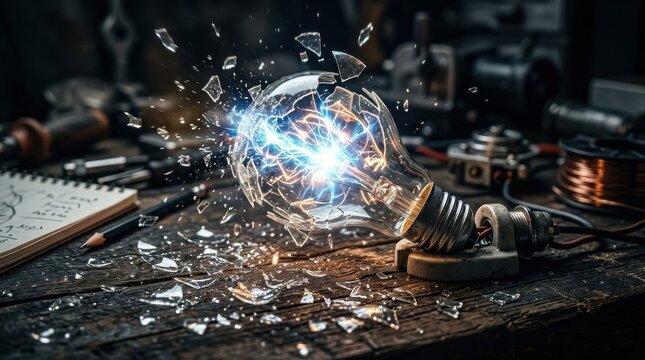Shattered light bulb innovation concept, broken glass idea electricity, energy bulb shattered creativity, power technology glow,