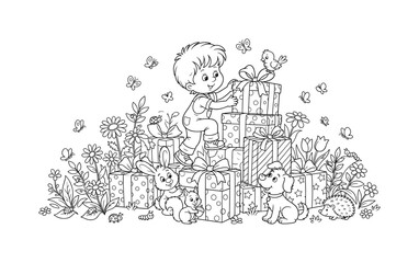 Obraz premium Playful child climbing a pile of gifts, surrounded by flowers, butterflies, tiny insects, and friendly animals, black and white