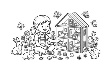 Naklejka premium Playful child decorating a dollhouse room with miniature accessories, surrounded by flowers, butterflies, tiny insects, and