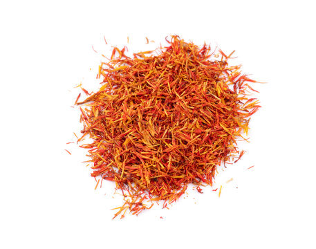 Dried saffron spice isolated on white background.