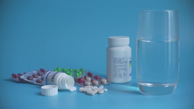 Assorted Medicine Pills and Glass of Water on Blue Background