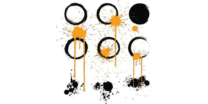 Black ink circles with orange paint splatter and drips set