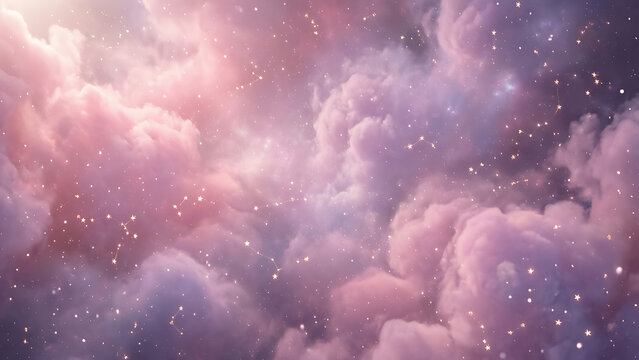 Arri&egrave;re-plan c&eacute;leste onirique avec nuages roses et violets, &eacute;toiles brillantes et constellations, atmosph&egrave;re de n&eacute;buleuse cosmique &eacute;th&eacute;r&eacute;e
