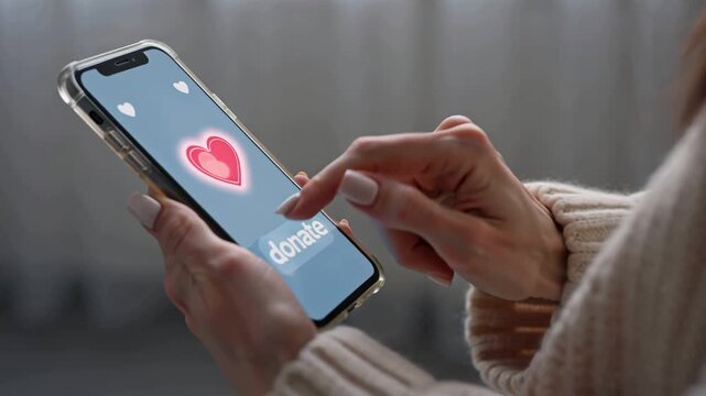 A woman's hands are holding a smartphone, with a heart and the text Donate on the screen.