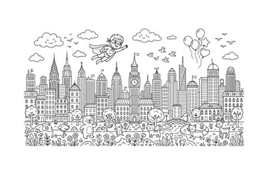 Naklejka premium Comic city skyline with tall towers, flying superhero, balloons, birds, and clouds, surrounded by flowers and friendly animals on