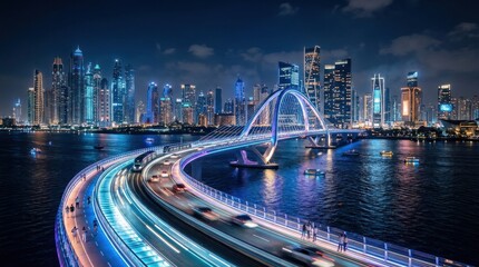 Fototapeta premium Futuristic glowing bridge over water at night with a modern city skyline. This urban landscape features high-tech architecture and