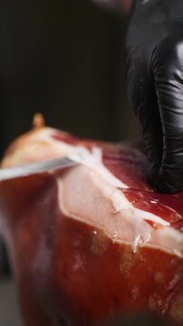 Chef cortando jam&oacute;n ib&eacute;rico y emplatando. Chef profesional cortando y colocando lonchas de jam&oacute;n ib&eacute;rico en un plato. Cocina gourmet espa&ntilde;ola.
