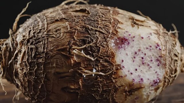 Closeup of a raw taro root with intricate textures and earthy tones.