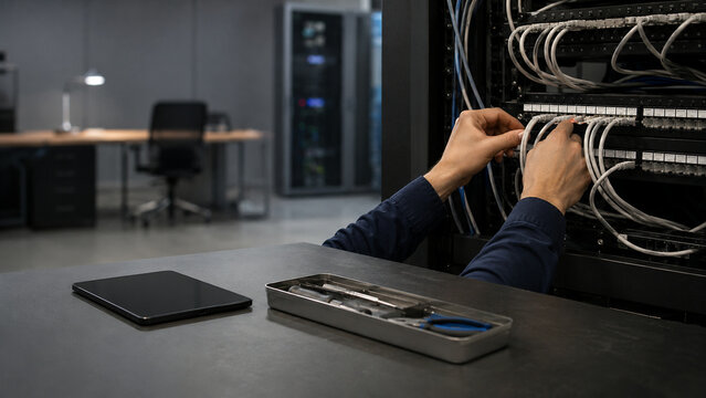 Technician hands connecting cables to network patch panel
