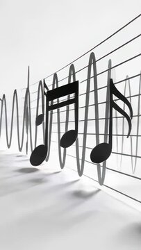 Vertical video: Panning camera revealing treble clef and notes moving along studio staff, waveform