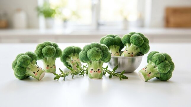 Kawaii broccoli vegetable collection with cute cartoon green healthy food smile characters. High resolution professional