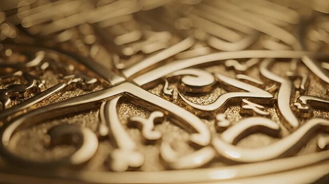 Closeup of intricate golden Islamic calligraphy art.