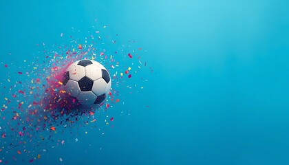 Fototapeta premium Football soaring with colorful confetti trail effect.