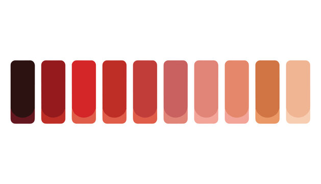 A horizontal sequence of ten rounded rectangular color swatches displays a gradient of red and pink shades on a white background.