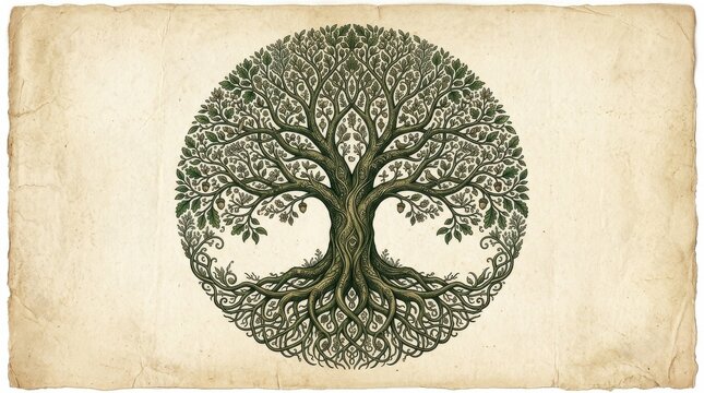 Symmetrical illustration of a life tree with mirrored branches and roots forming a perfect circle on a textured parchment