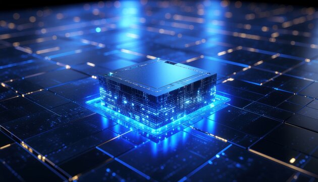 Glowing blue computer processor chip on complex circuit board