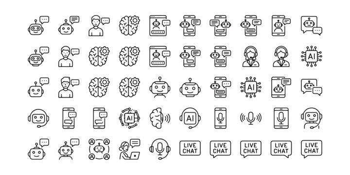 Black and white line art icons of AI, chatbots, and people communicating