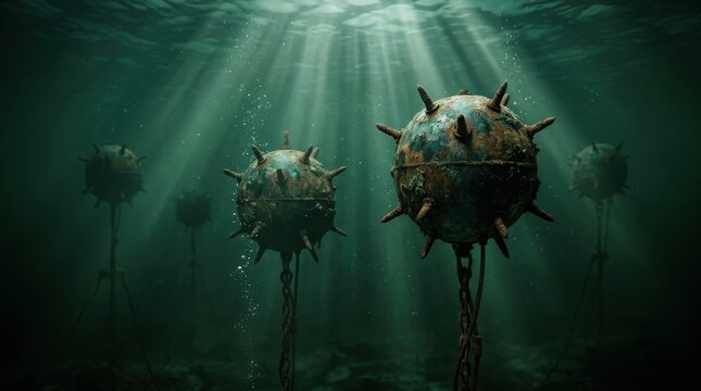 Underwater scene with multiple old, rusty naval mines anchored to the seabed