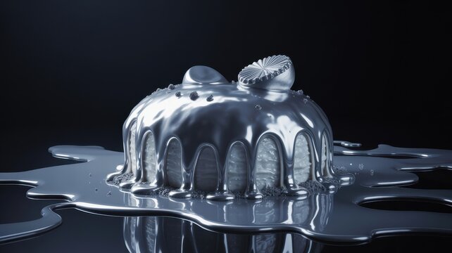 Molten silver cake dripping and spreading on dark reflective surface