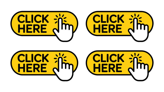 Yellow click here button with finger icon and light spark effect