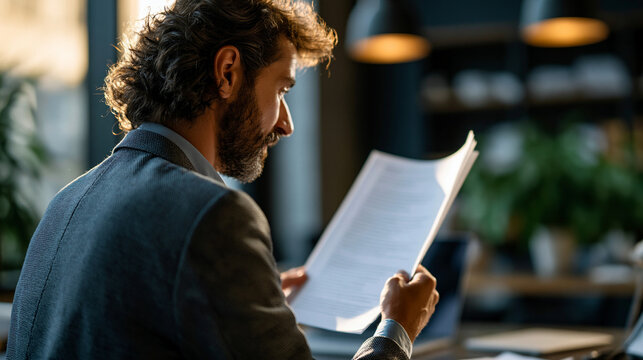 A European lawyer viewed from behind looks softly through a bright case file thoughtfully in a calm modern law firm office in soft daylight case file faceless back view modern