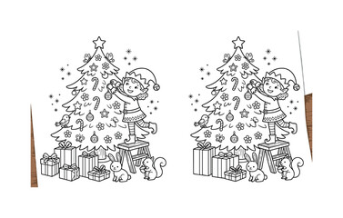 Obraz premium Santa helper decorating a Christmas tree, with gifts, flowers, butterflies, tiny magical sparkles, and small animals nearby,