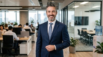 Fototapeta premium Smiling businessman portrait in a modern office, professional corporate manager in a suit, confident executive leadership,