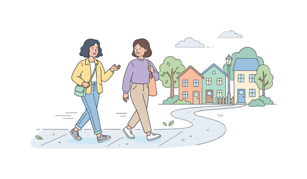 Two friends strolling together in familiar neighborhood area, minimal ground line and subtle motion suggesting unhurried routine,