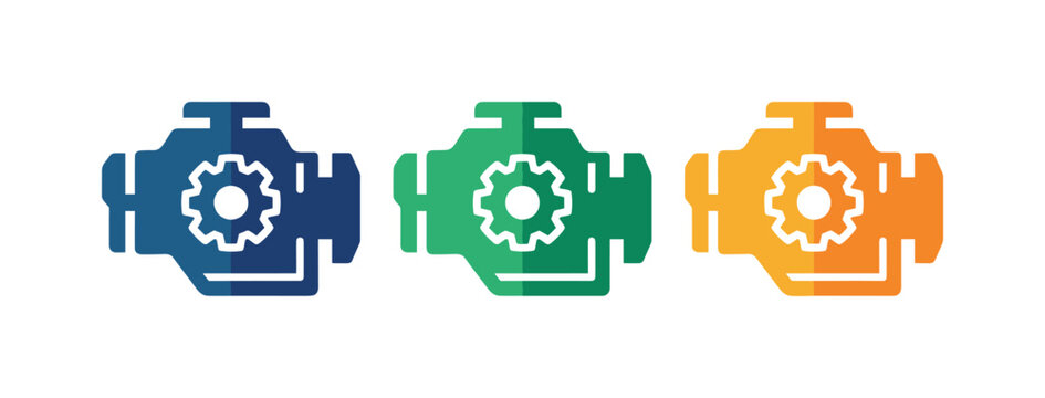 Workshop care context illustrated by an engine block icon with a single gear detail embedded inside, identical form repeated in a