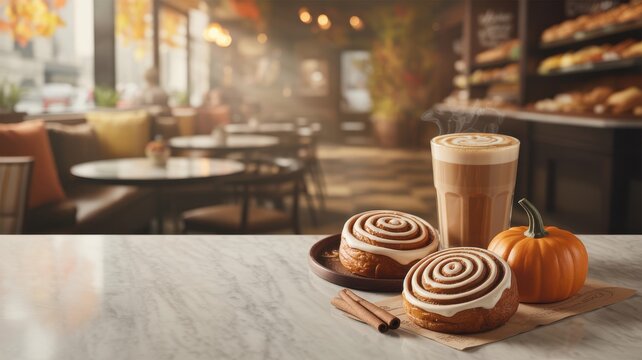 Cinnamon rolls and a pumpkin with a latte in a cozy cafe setting with autumn decor