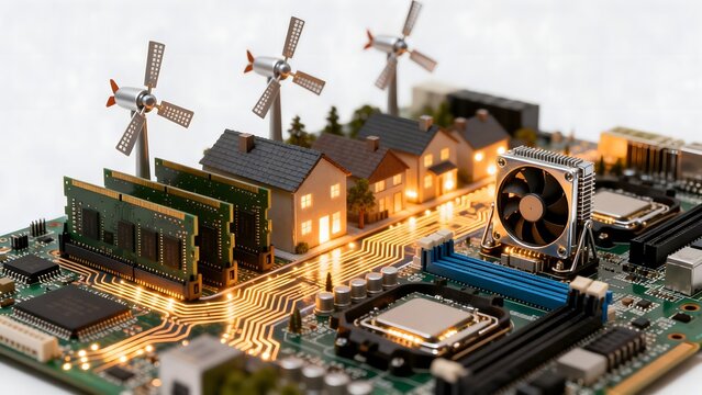 Circuit board with miniature houses and windmills