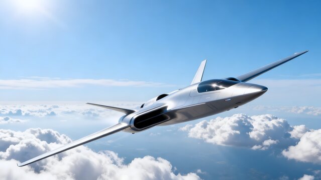 Silver jet flying above clouds