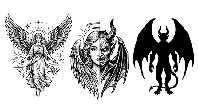 Angel and Demon Tattoo Flash Sheet Vector Stencil Set &ndash; Black Ink Wings Split Face Design on White Background