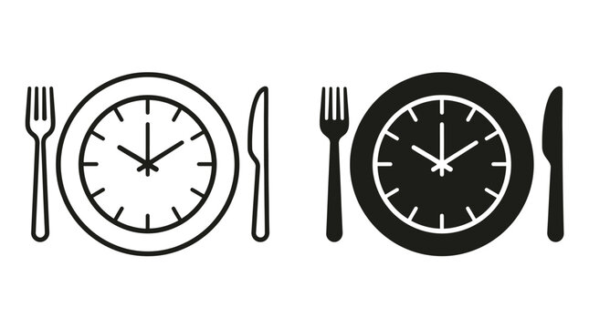 A plate with a clock face and cutlery, symbolizing mealtime or time management for dining concepts.