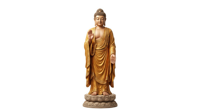 Golden buddha statue in standing pose isolated on transparent background